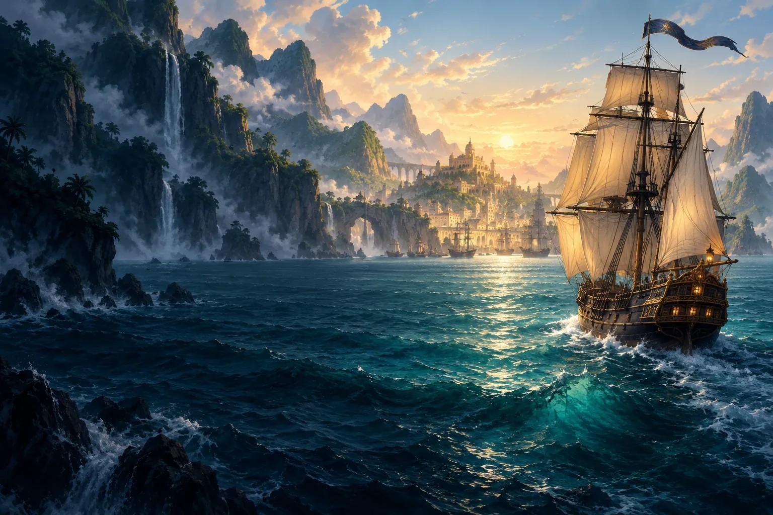 A sailing ship approaches a luminous island harbor