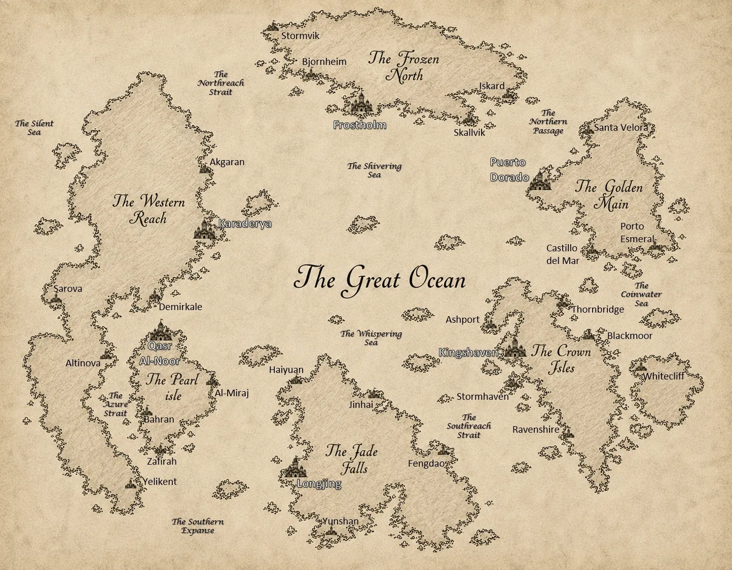 Illustrated map of Selquorath, showing six regions around the Great Ocean